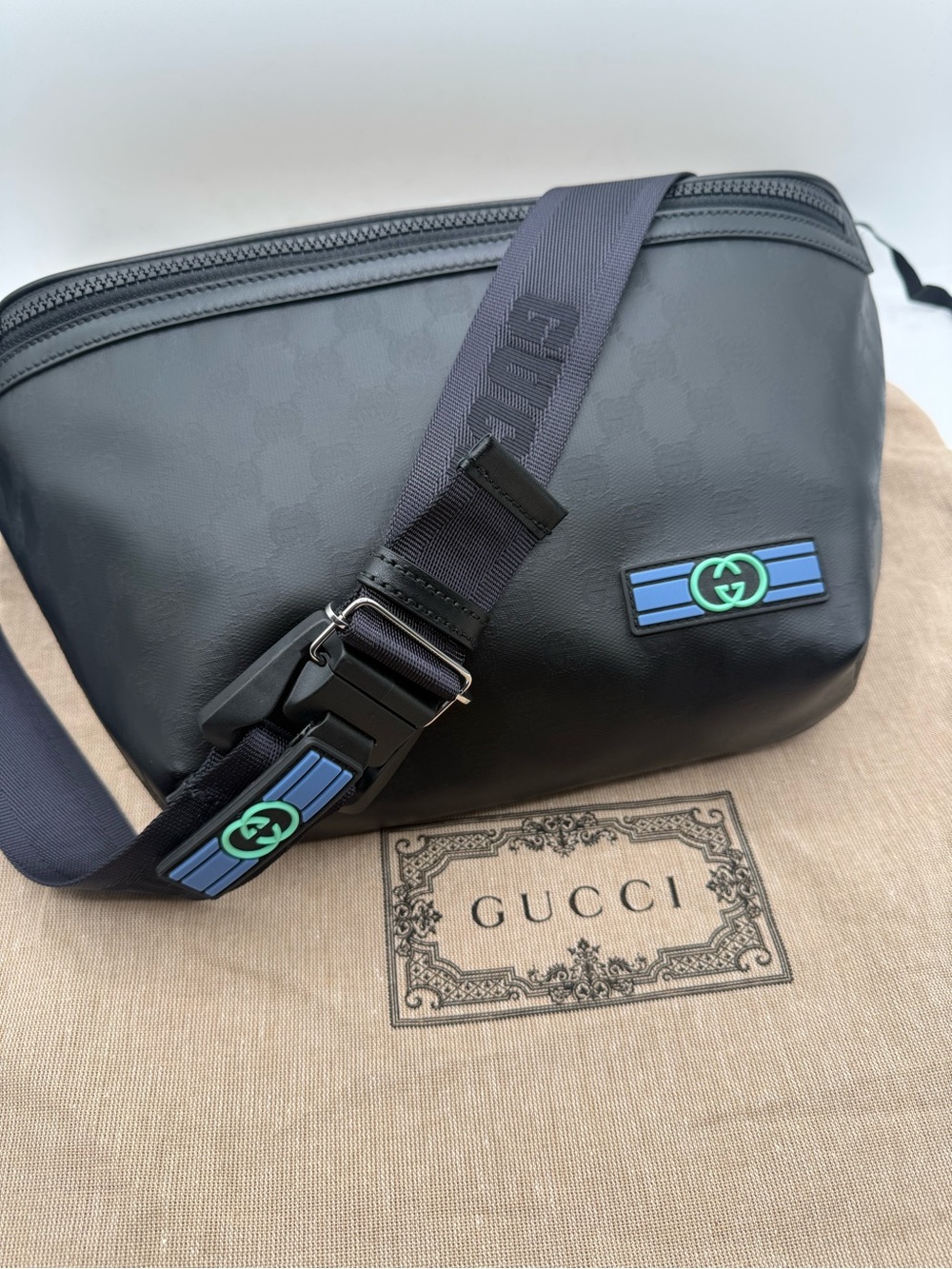 Gucci Black Leather Belt Bag with Crystal Interlocking G Logo belt bag